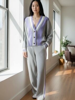 Striped V-Neck Cardigan and Wide-Leg Knit Pant Set — Gray & Lavender